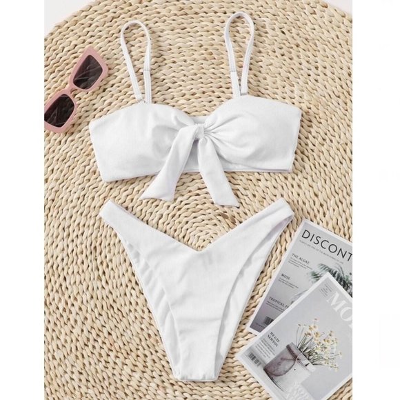 NEW Women’s White Solid Knot High Cut Bikini Swimsuit- Size L(10/12) - Picture 1 of 6